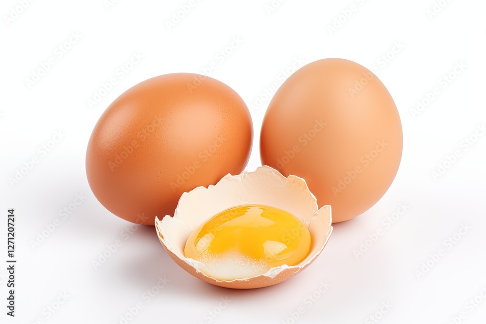 Two unbroken eggs with one damaged egg separated on a white surface Two unbroken eggs with one damaged egg separated on a white surface