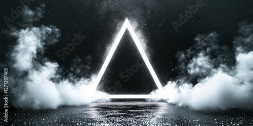 Silver triangular frame with glowing glitter and sequins, empty space for texts and images, monochrome wallpaper with illuminated geometric shape.