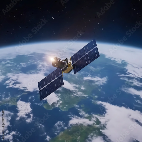 Earth Observation Satellite Orbiting Above Planet Sunlight Reflecting on Structure and Blue Atmosphere