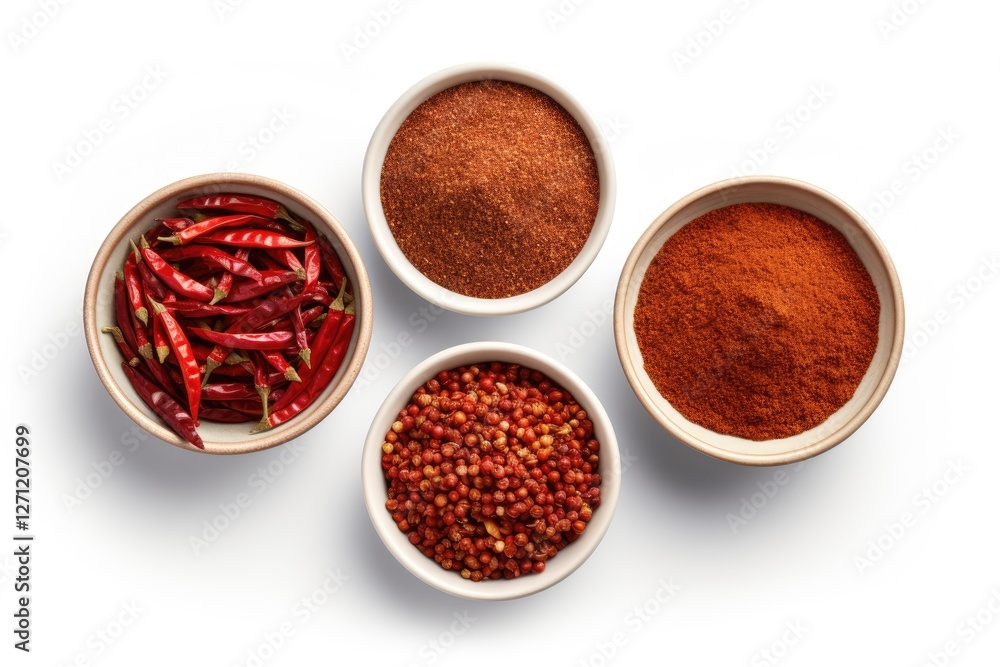 Various bowls with chili pepper and sumac spices on white background viewed from above Various bowls with chili pepper and sumac spices on white background viewed from above