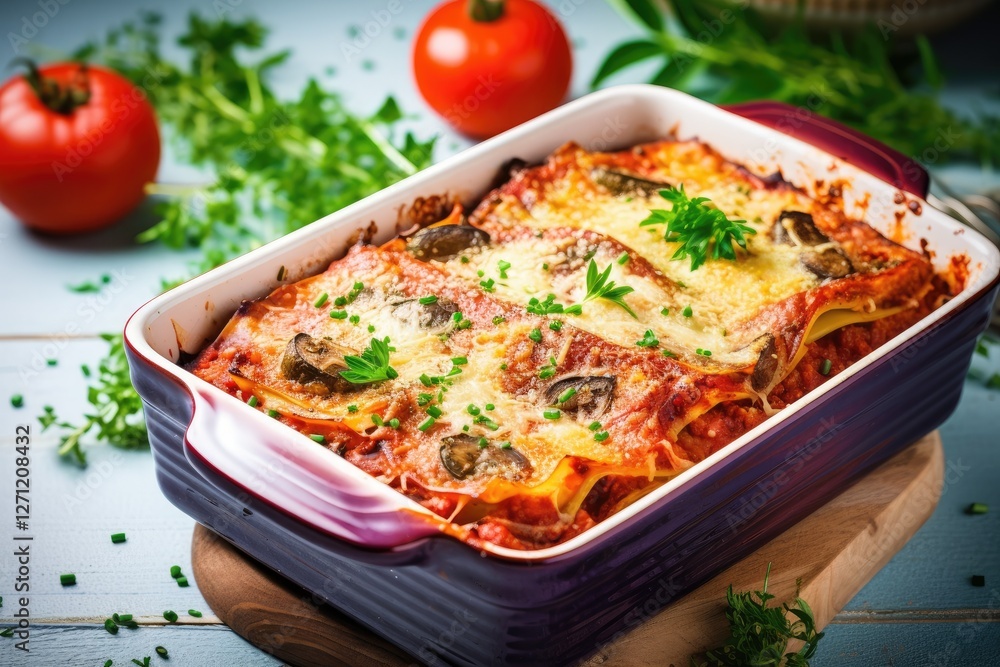 Vegan lasagna with tofu mushrooms tomato sauce herbs close up Vegan lasagna with tofu mushrooms tomato sauce herbs close up