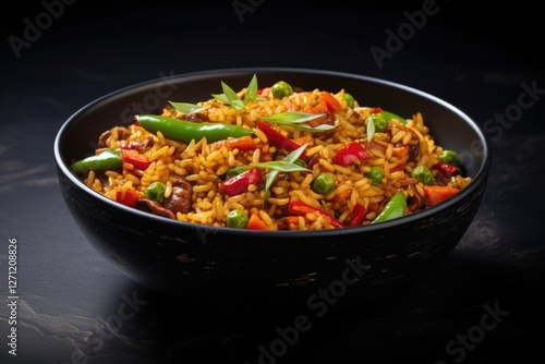 Vegetarian Szechuan Fried Rice in black bowl on dark background with bell peppers green beans and carrots photo