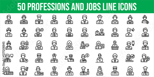 Set of 50 Outline Icons Related to Professions And Jobs. Line Icon Collection. Editable stroke. Vector illustration