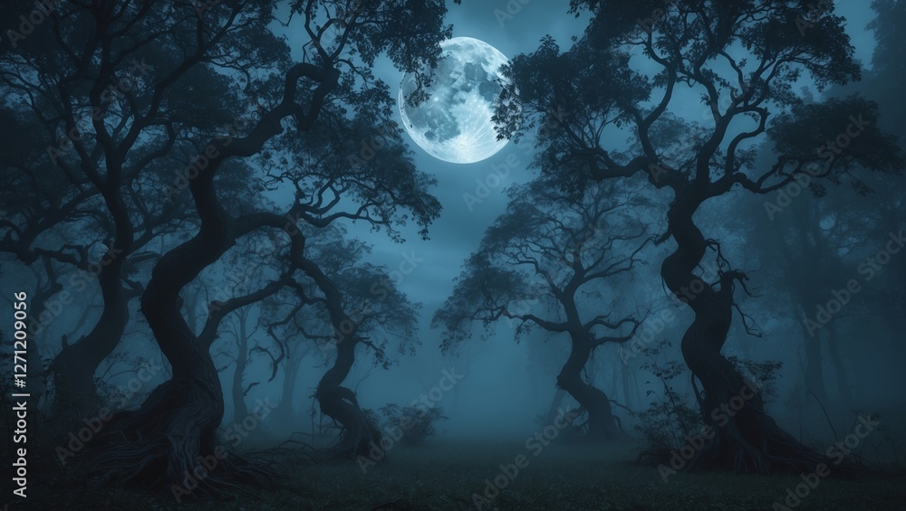 Enchanted moonlit forest at night with twisted trees and fog illuminating the surroundings Enchanted moonlit forest at night with twisted trees and fog illuminating the surroundings