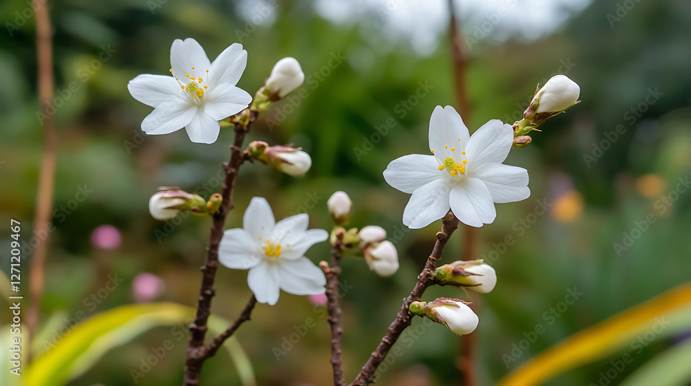Delicate white blossoms with bright yellow stamens clustered with unopened buds on slender brown branches against a soft green background. Delicate white blossoms with bright yellow stamens clustered with unopened buds on slender brown branches against a soft green background.