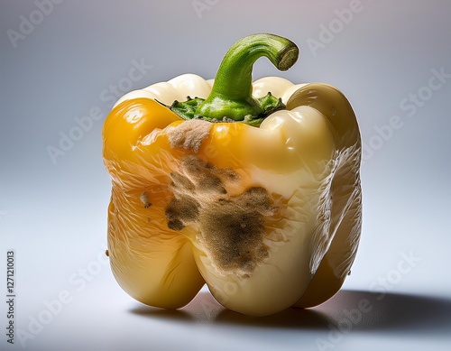 Yellow bell pepper showing signs of decay and mold in a well-lit setting
