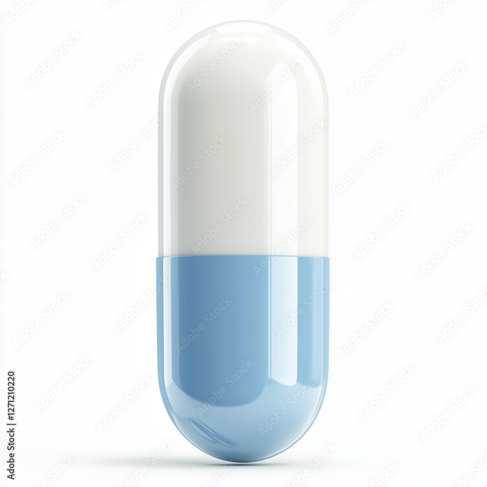A realistic close-up of a white and blue medical capsule with light reflections, on a white background. A realistic close-up of a white and blue medical capsule with light reflections, on a white background.
