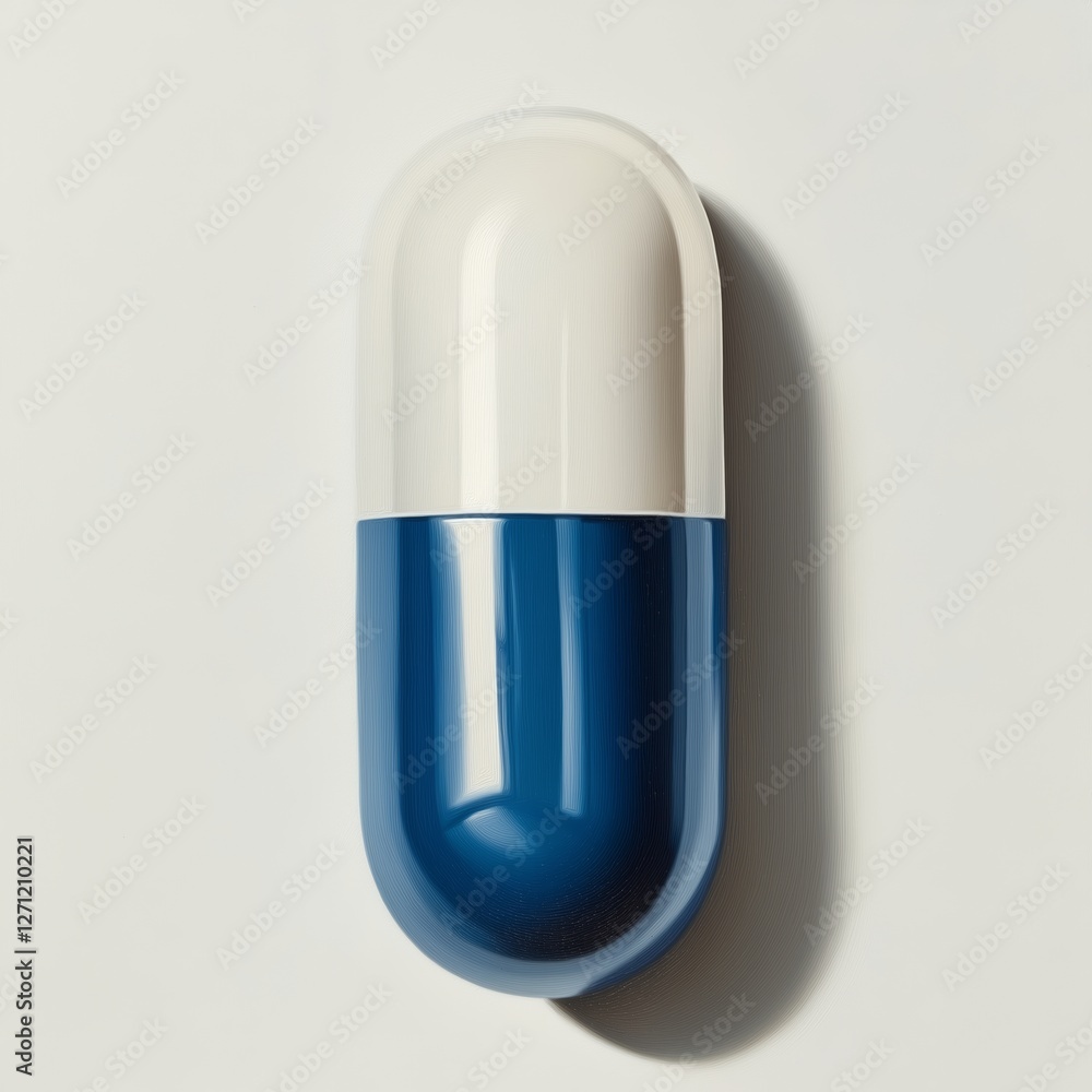 A realistic close-up of a white and blue medical capsule with light reflections, on a white background. A realistic close-up of a white and blue medical capsule with light reflections, on a white background.