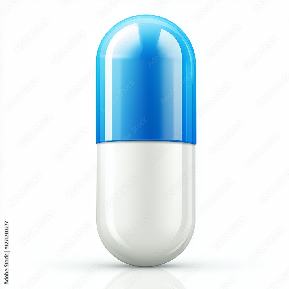 A realistic close-up of a white and blue medical capsule with light reflections, on a white background. A realistic close-up of a white and blue medical capsule with light reflections, on a white background.