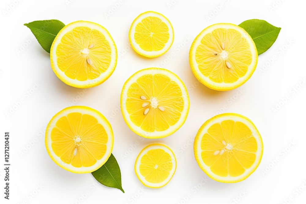 Fototapeta premium White background flat lay of isolated lemon slices top view