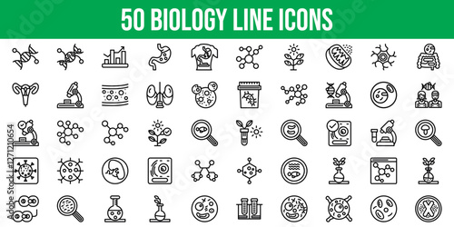 Set of 50 Outline Icons Related to Biology. Line Icon Collection. Editable stroke. Vector illustration