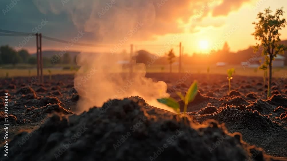 Sunset over a Field with Steaming Soil and Young Plants Sunset over a Field with Steaming Soil and Young Plants