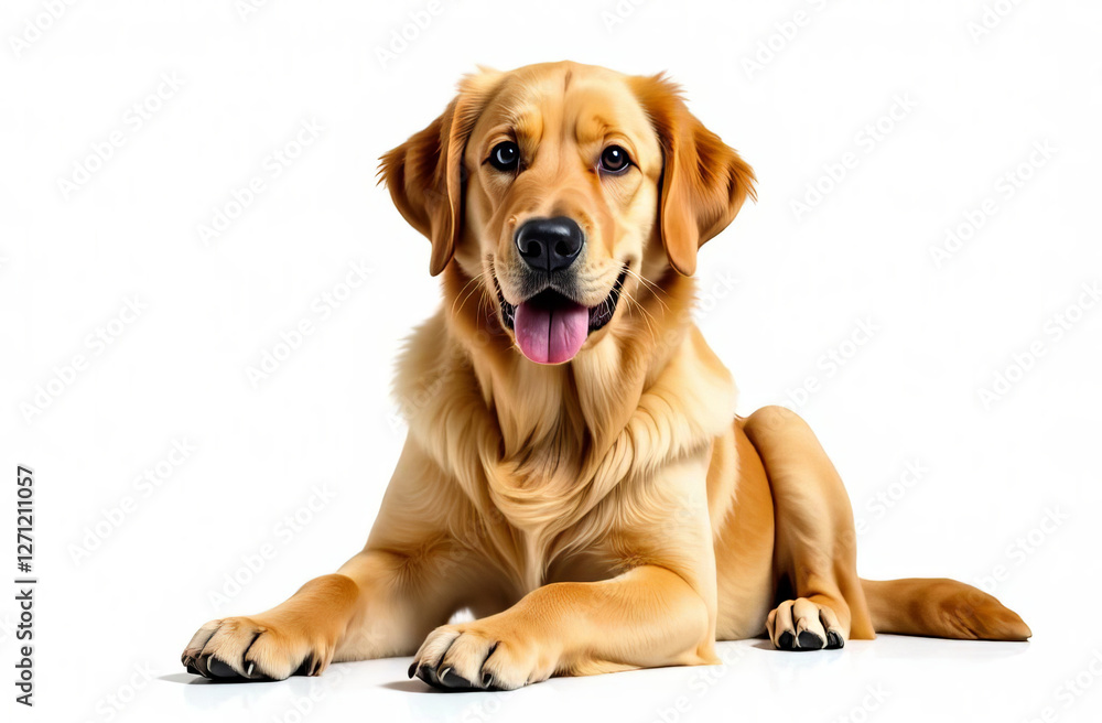 Golden retriever on a white background. The animal is looking at the camera. Golden retriever on a white background. The animal is looking at the camera.