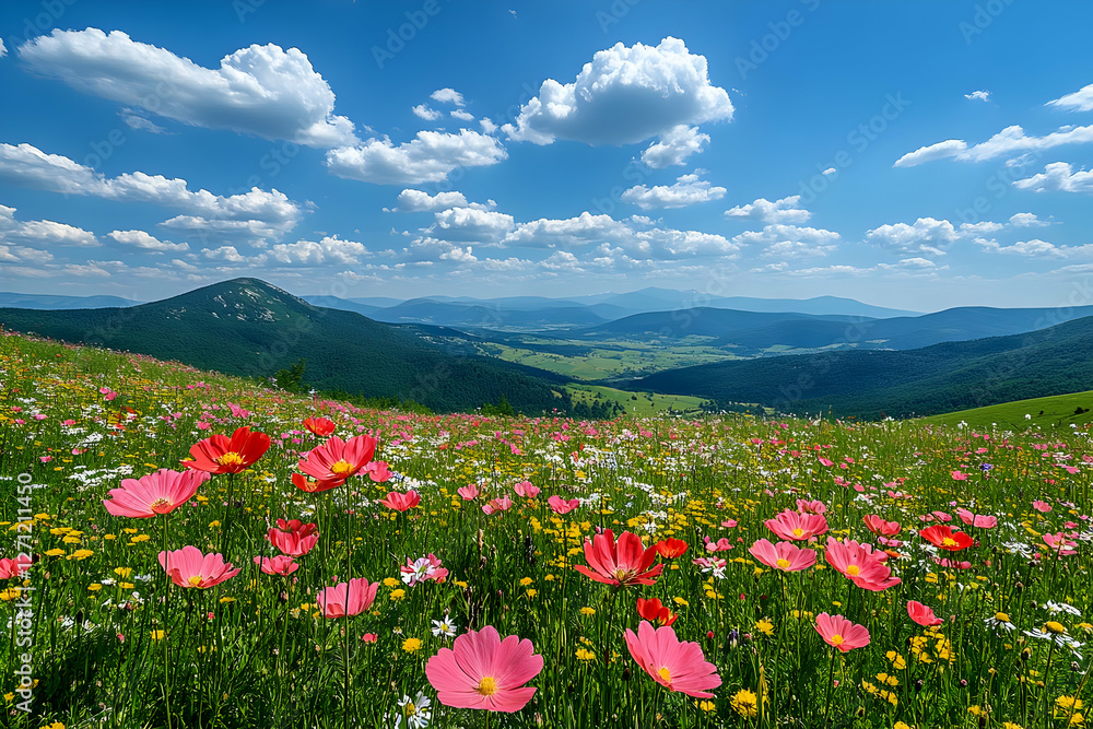 Colorful Wildflower Meadow With Mountains And Blue Sky Colorful Wildflower Meadow With Mountains And Blue Sky