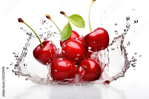 White background with isolated sweet cherries splashing in juice