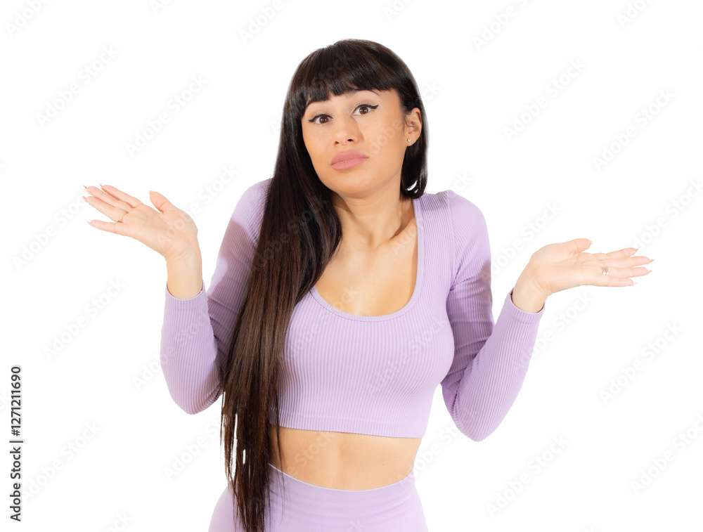 Attractive young adult woman in sportswear with doubtful gesture on transparent background. PNG transparent. Attractive young adult woman in sportswear with doubtful gesture on transparent background. PNG transparent.