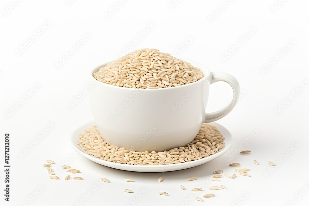 White cup with brown rice isolated on white background White cup with brown rice isolated on white background