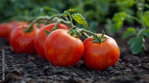 Close up of ripe tomatoes growing on soil. HD 8K ramzan wallpaper Photographic Image