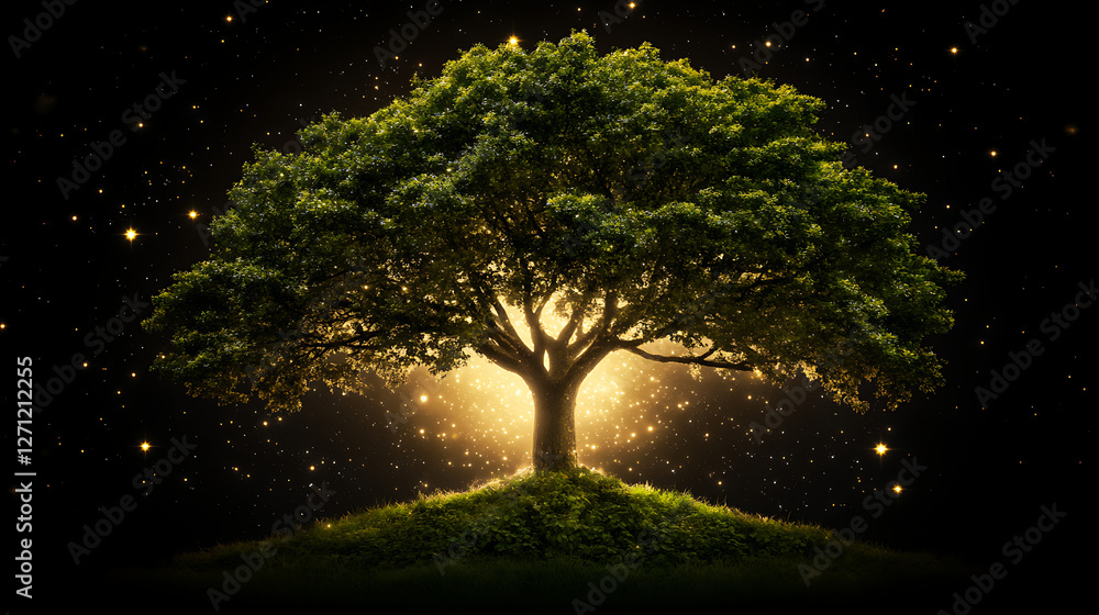 Enchanted Tree of Life Radiating Golden Light on Green Hill Under Starry Dark Sky at Nighttime