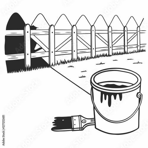  Un bote de pintura y una brocha en primer plano con un cerco en proceso de ser pintado en blanco y negro. La imagen enfatiza el concepto de renovación.
