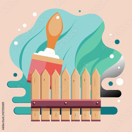  Un pincel con pintura blanca reposa sobre un cerco de madera, con un fondo abstracto de colores vibrantes. La imagen representa renovación y mantenimiento del hogar.
