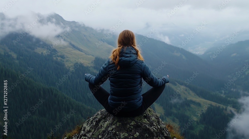 Naklejka premium Woman practicing meditation while sitting on a rock surrounded by forested mountains and scenic overcast skies : Generative AI