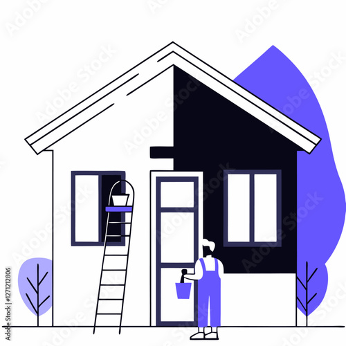 Un trabajador con brocha y cubeta de pintura pinta la fachada de una casa en un estilo minimalista en blanco y negro. Representa renovación y restauración.

