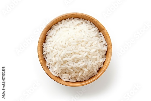 White rice and paddy rice in wooden bowl with rice ear seen from above on white backdrop