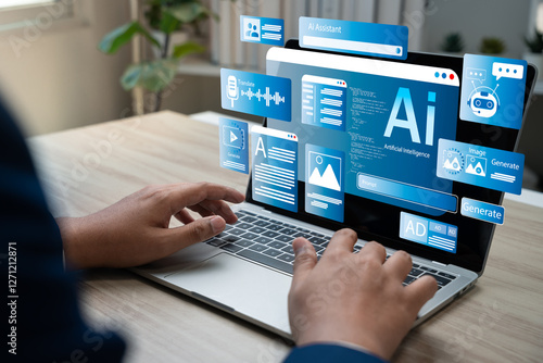 Businessman use artificial intelligence AI technology for enhanced work efficiency data analysis and efficient tools, Unlocking work potential with AI solutions chatbot help solve work problems.