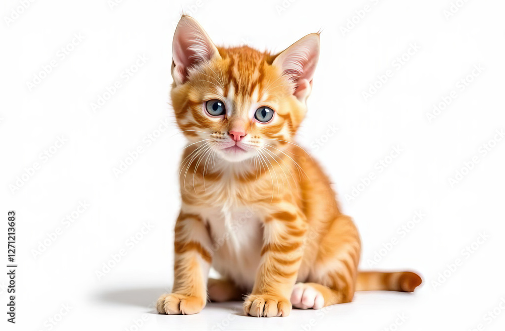 Little ginger kitten on a white background. The animal is looking at the camera. Little ginger kitten on a white background. The animal is looking at the camera.