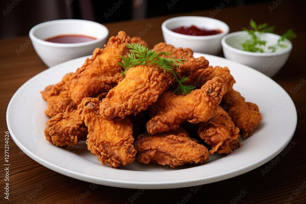 White tabletop with crispy fried chicken White tabletop with crispy fried chicken
