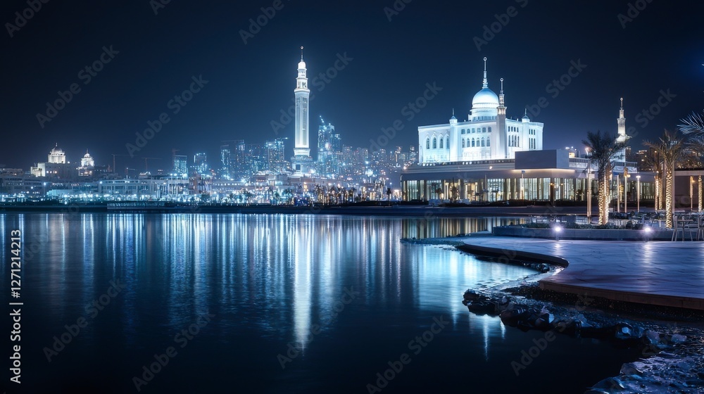 Fototapeta premium Nighttime cityscape iconic landmarks illuminated waterfront view urban landscape vibrant nightlife