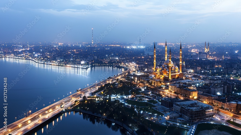 Obraz premium Illuminated cityscape at night featuring iconic landmarks urban environment aerial view stunning visuals