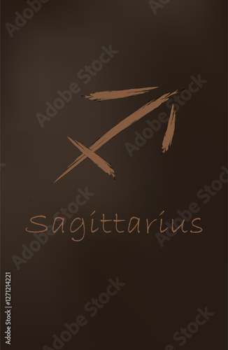 Hand drawn sagittarius zodiac illustration. mocha mousse background. Simple line sagittarius zodiac icon. sagittarius zodiac vector symbol. Hand drawing sagittarius sign. eps 10. brown banner