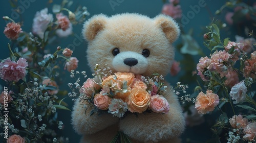 Cute teddy bear holding a bouquet of flowers in a floral setting during soft lighting