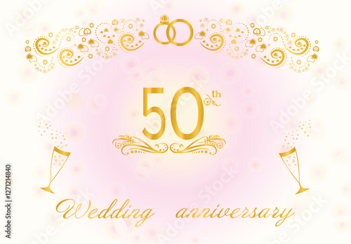 Beautiful greeting card for congratulating on your fiftieth wedding anniversary. Decorative golden champagne glasses. Digital Vector