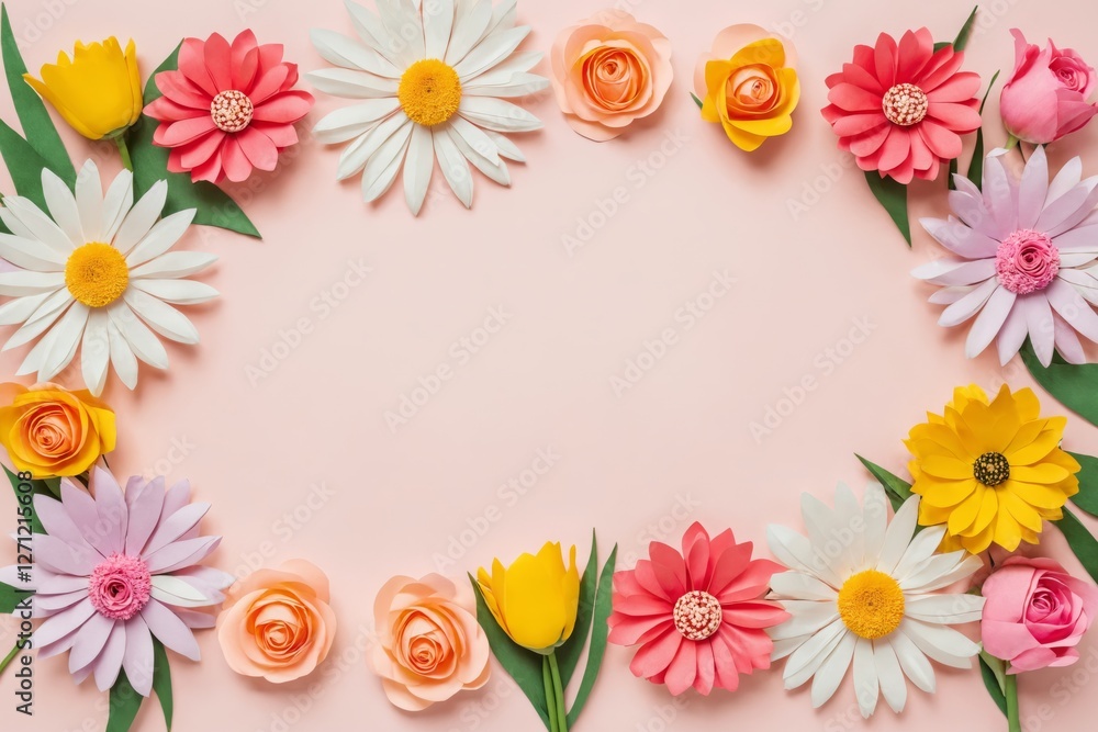 Colorful paper flowers arranged on light pink background Colorful paper flowers arranged on light pink background