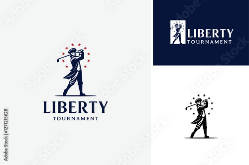 Silhouette of American Patriot Soldier Revolutionary Continental Army swings a stick for Liberty Golf Club Sport Tournament logo design