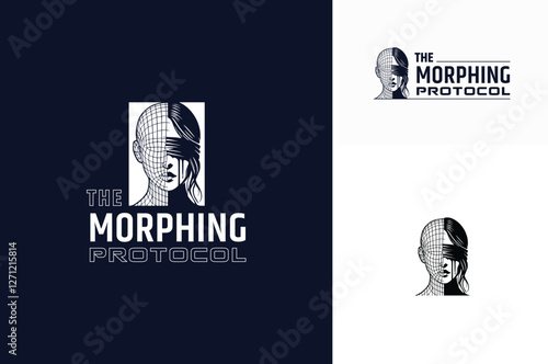 Blindfolded woman with half face head part as a graphic wireframe for Morphing or Scan Protocol Technology Futuristic logo design
