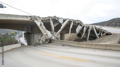 Fractured Highway Overpass Affected by Seismic Activity