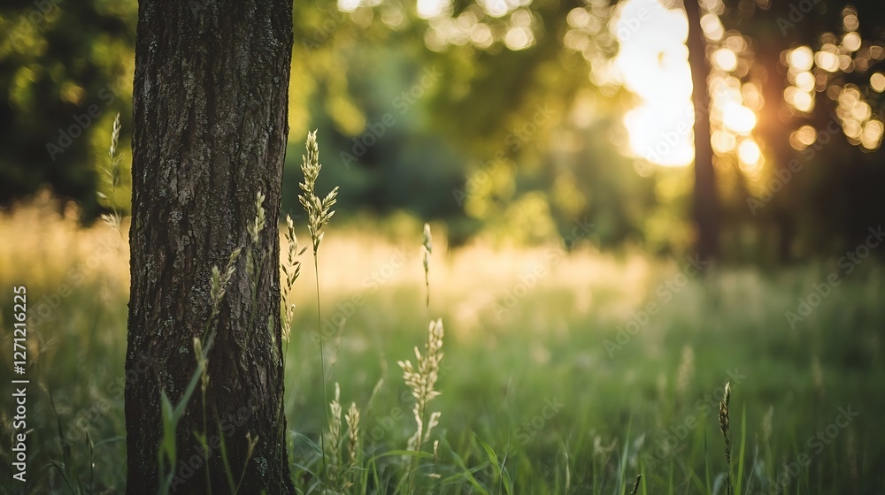 Sundrenched natural landscape with a tree surrounded by vibrant green grass and soft light : Generative AI Sundrenched natural landscape with a tree surrounded by vibrant green grass and soft light : Generative AI