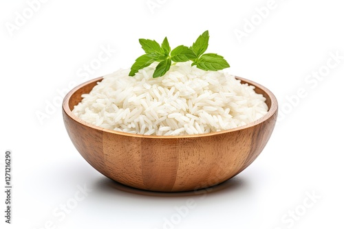 Wooden bowl holding basmati rice on white background
