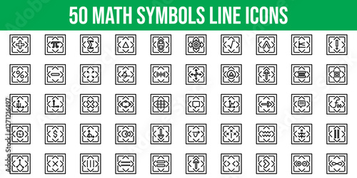 Set of 50 Outline Icons Related to Math Symbols. Line Icon Collection. Editable stroke. Vector illustration