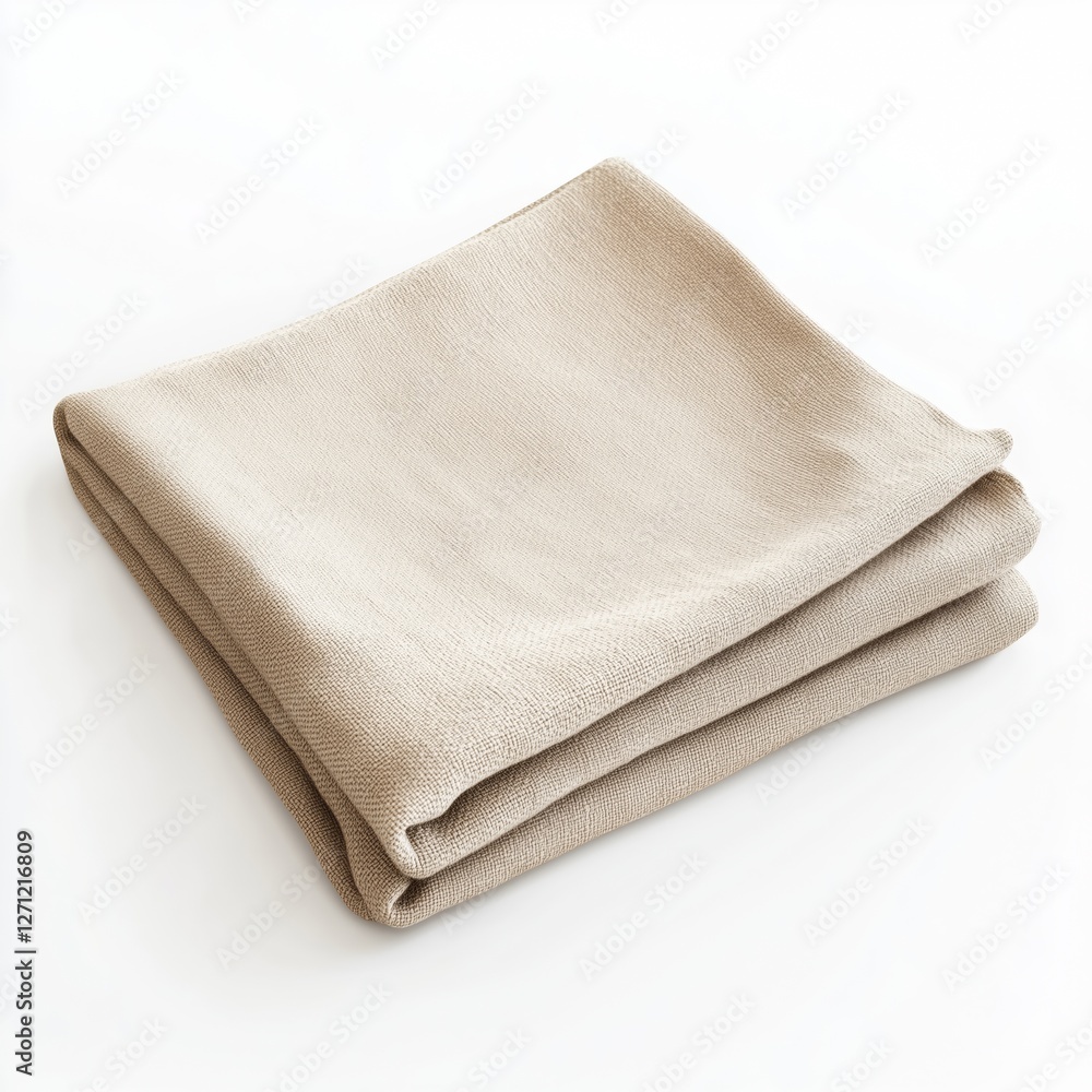 A realistic beige kitchen towel, neatly folded with natural fabric texture and subtle stitching, isolated on a clean white background. A realistic beige kitchen towel, neatly folded with natural fabric texture and subtle stitching, isolated on a clean white background.