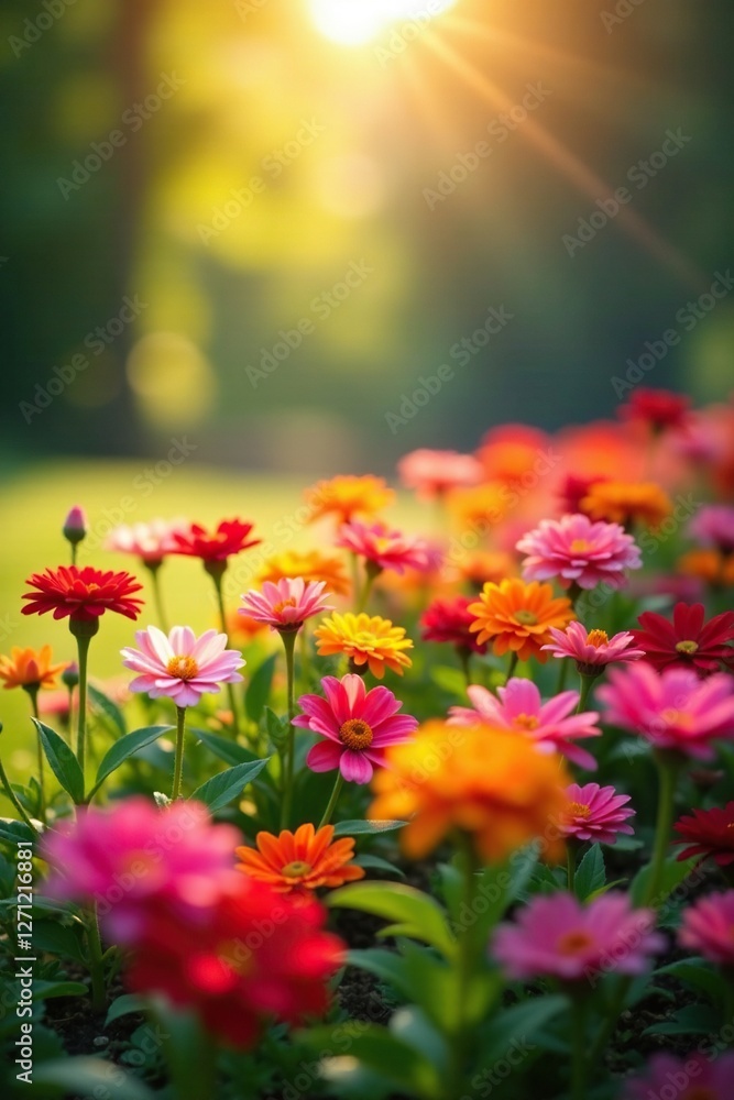 Bright sunlight illuminates a bed of colorful flowers, bloom, garden flowers, blooming Bright sunlight illuminates a bed of colorful flowers, bloom, garden flowers, blooming