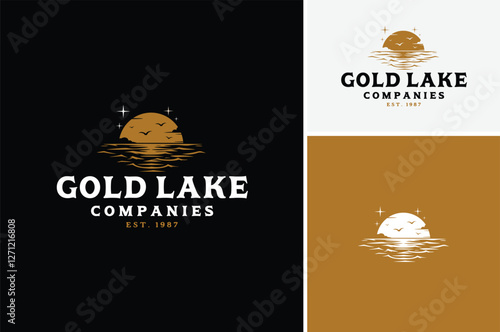 Sea Water Wave at night with Moon or Lake Ripple at Sunset with stars and birds silhouettes for nature ocean scenic logo design