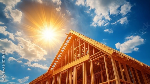 Construction process of a new home under bright sunlight outdoor setting photography clear skies dynamic perspective photo