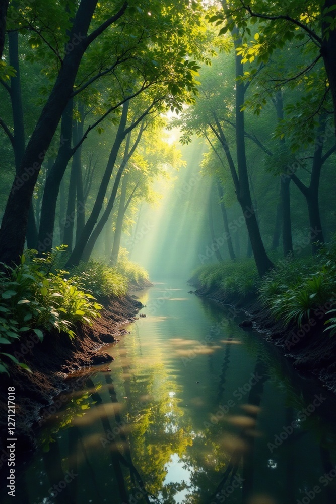 Faded light illuminates a shaded mangrove forest path, beige, mangroves, rivers Faded light illuminates a shaded mangrove forest path, beige, mangroves, rivers