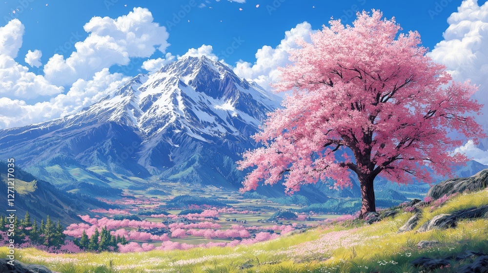 Blooming cherry blossom tree in majestic mountain landscape vibrant spring setting nature photography Blooming cherry blossom tree in majestic mountain landscape vibrant spring setting nature photography