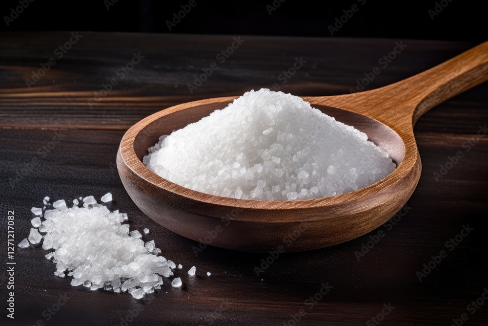Wooden spoon holds sea salt on dark table Wooden spoon holds sea salt on dark table
